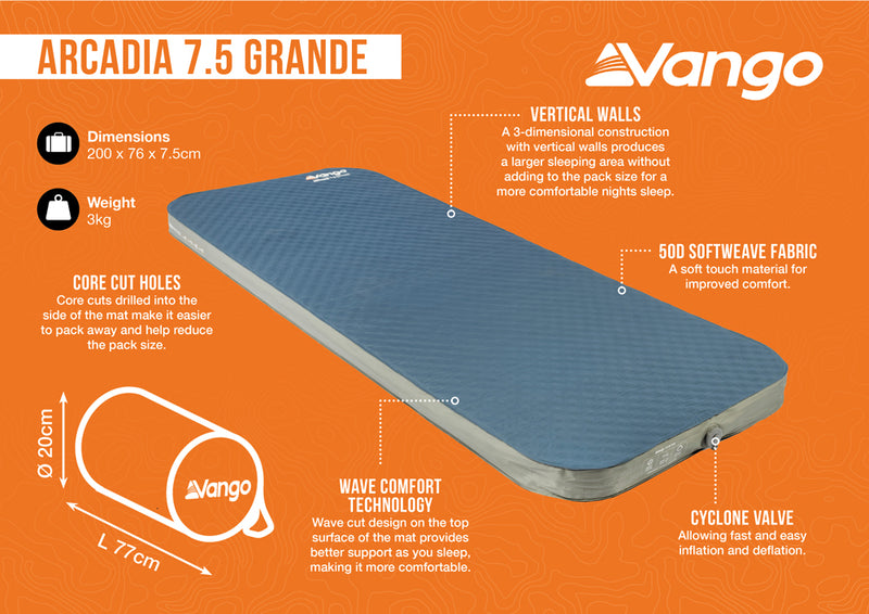 Vango Arcadia Grande 7.5cm Self-Inflating Mattress Deep Blue