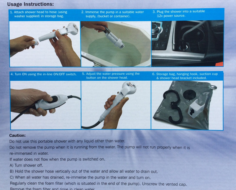 Portable shower 12 volt with pump and fittings