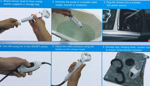 Portable shower 12 volt with pump and fittings